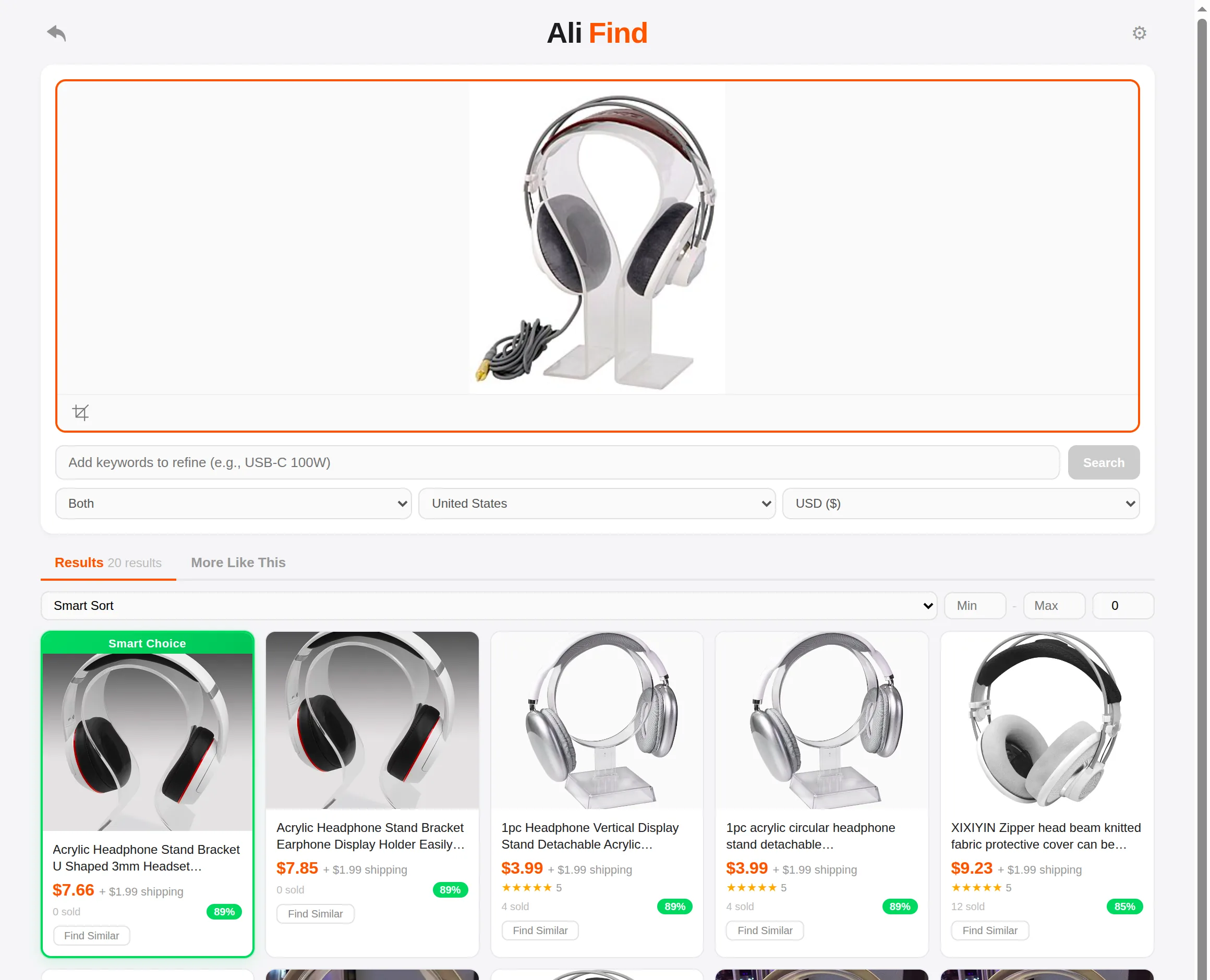 AliFind search results: a headphone-stand photo matched to AliExpress listings with prices, shipping costs, and similarity percentages